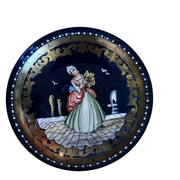 Bohemian Glass Cobalt Blue Enamel Painted Trinket Dish Lady Excellent Vintage - Picture 5 of 6